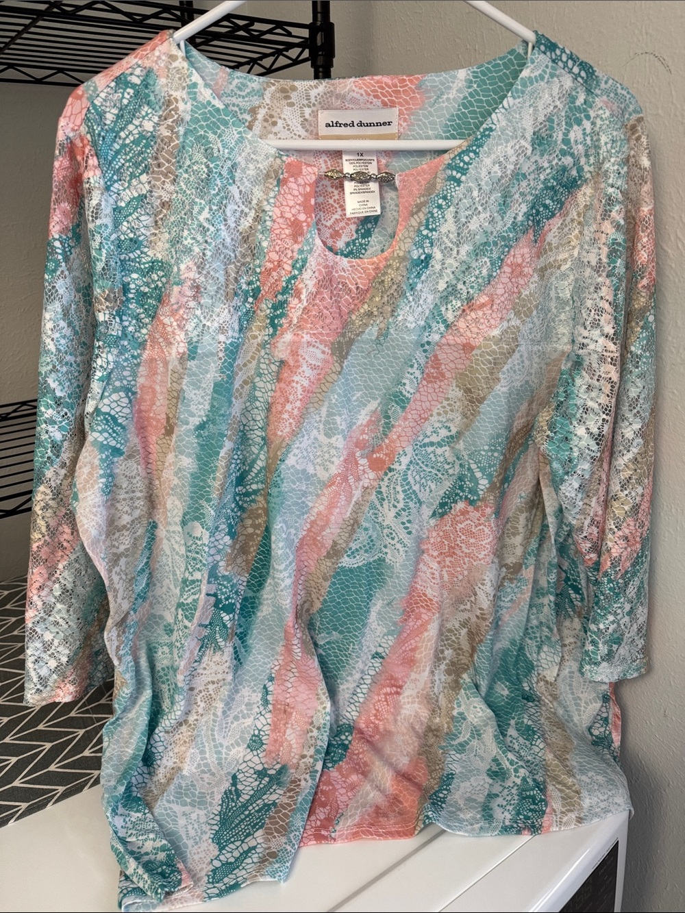 Alfred Dunner Teal, Coral & Cream Lace-Print Blouse